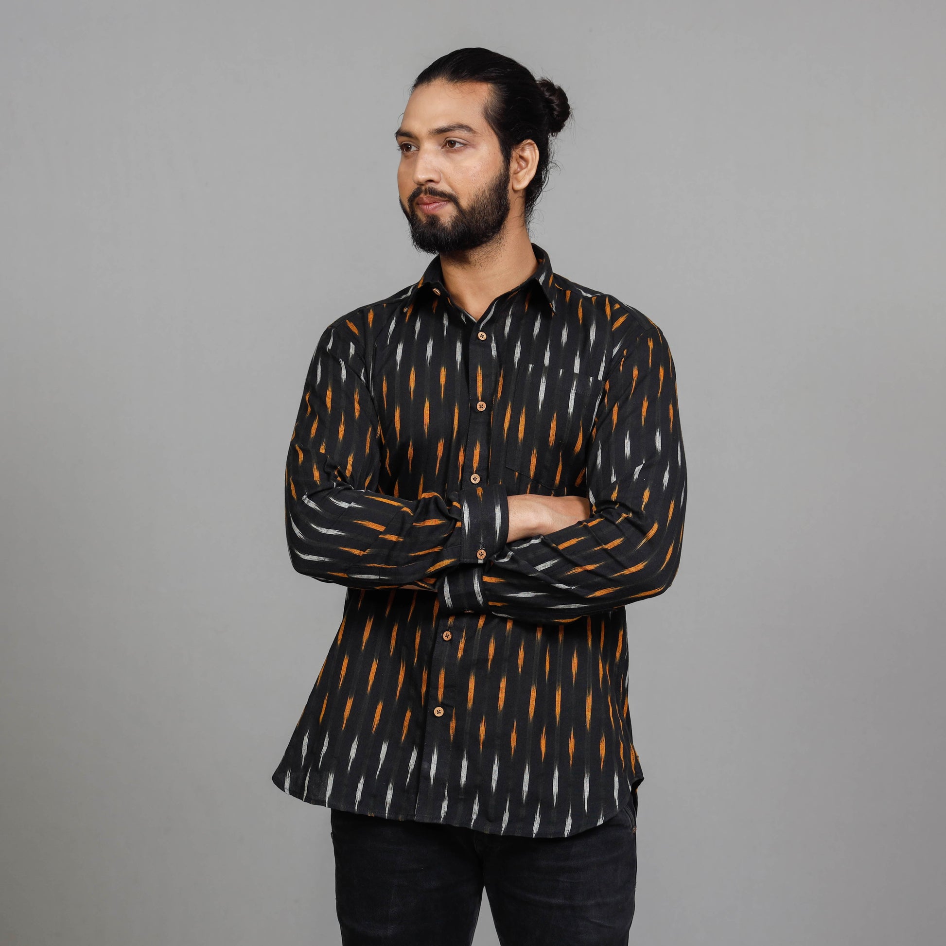 Black - Men Pochampally Ikat Cotton Full Sleeve Shirt