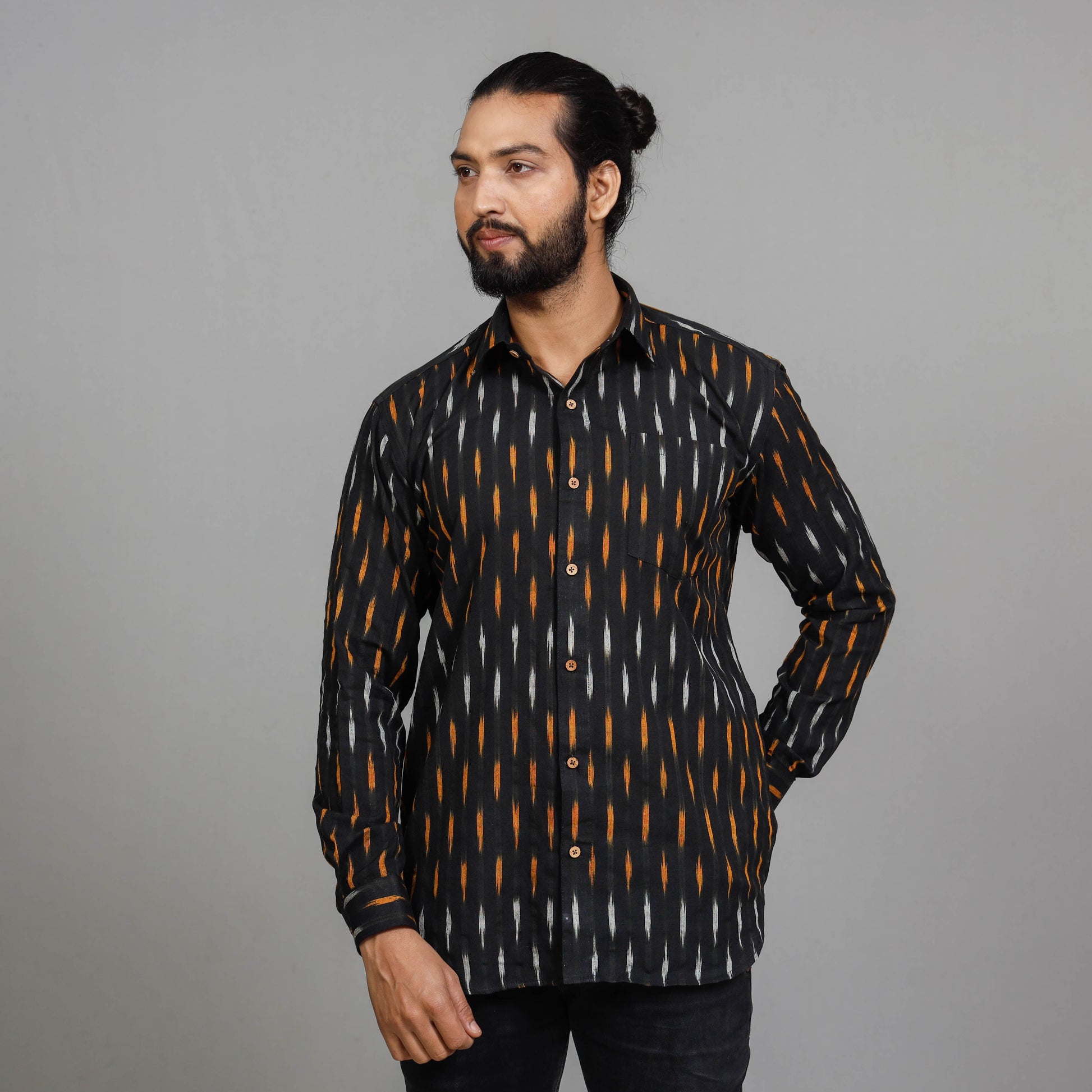 Black - Men Pochampally Ikat Cotton Full Sleeve Shirt