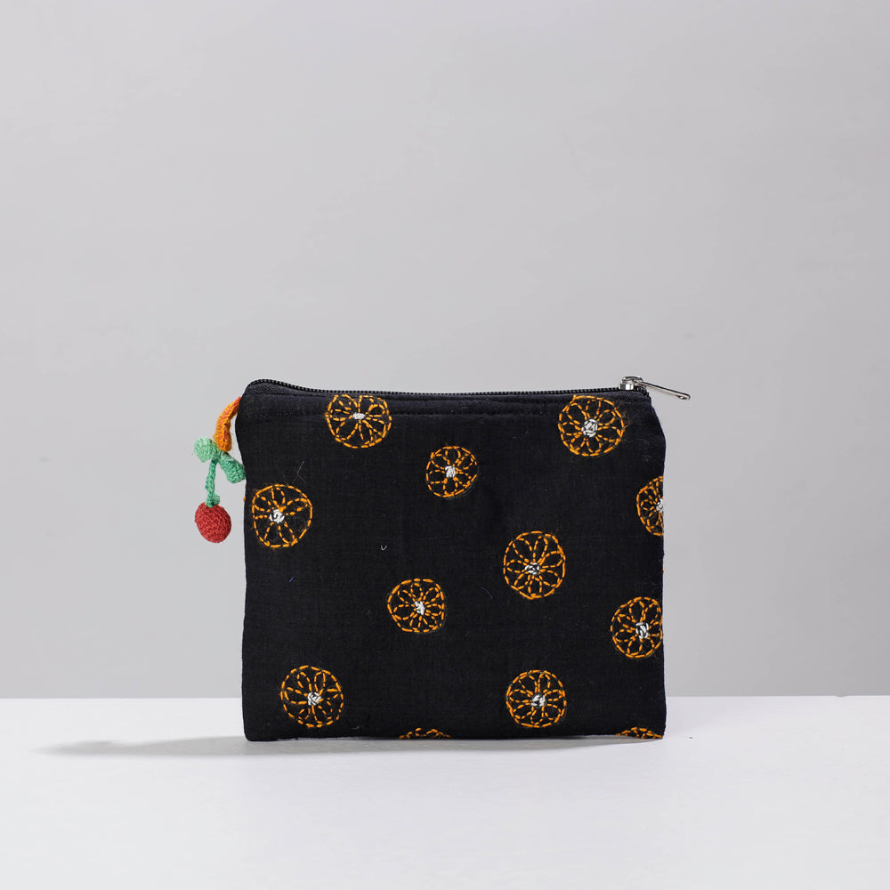 Black - Chandi Maati Kantha Work Cotton Cosmetic Pouch