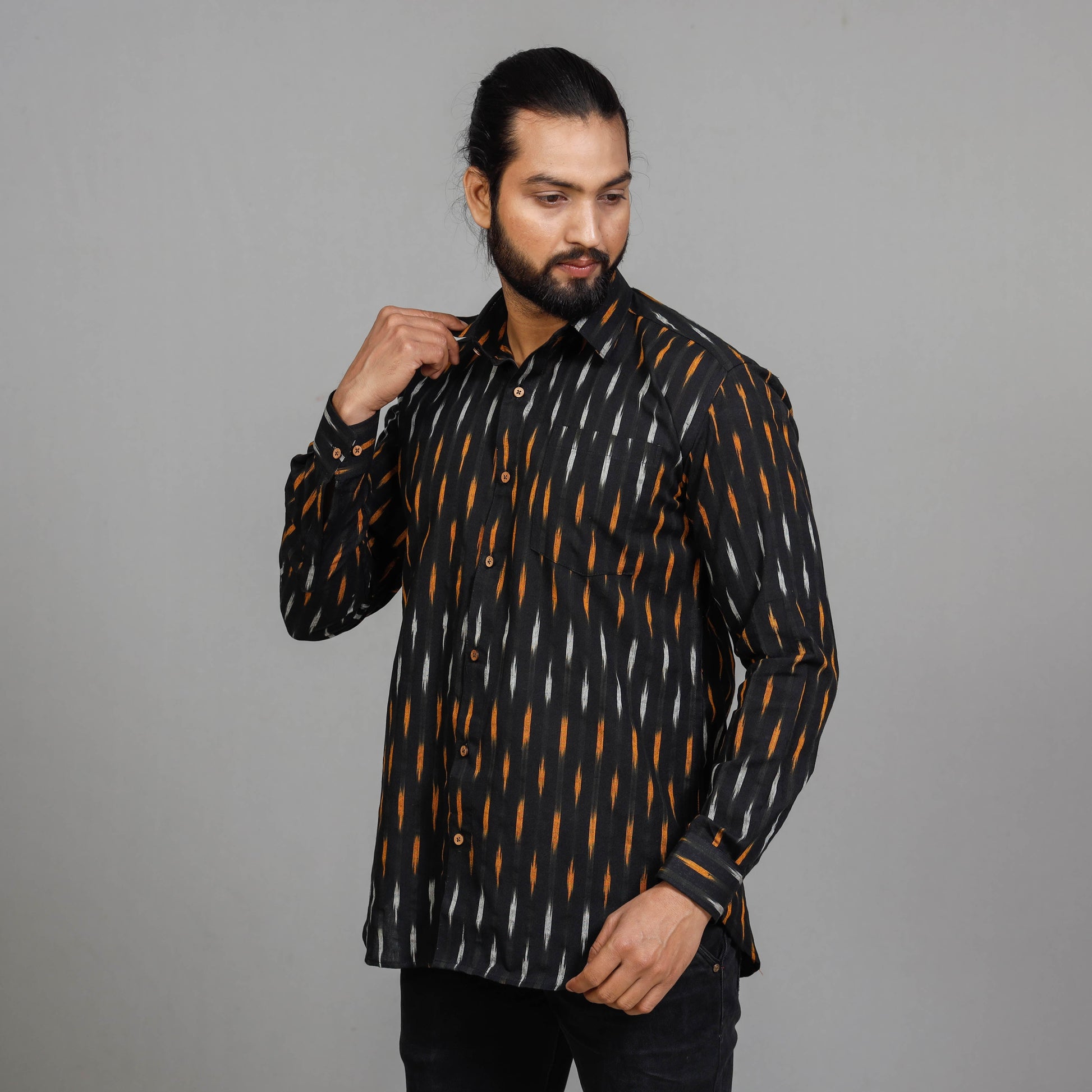 Black - Men Pochampally Ikat Cotton Full Sleeve Shirt