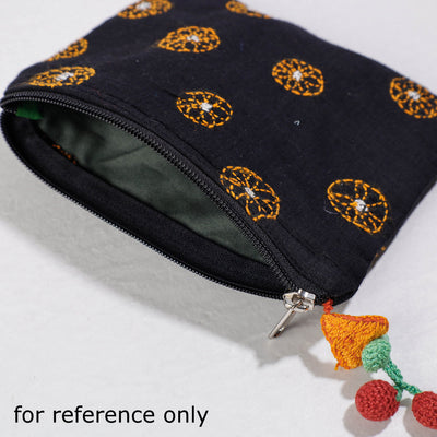 Black - Chandi Maati Kantha Work Cotton Cosmetic Pouch