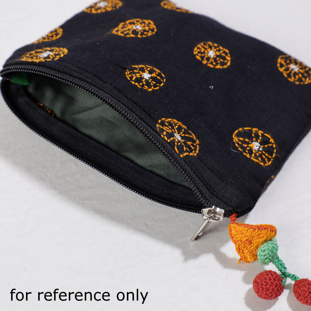 Black - Chandi Maati Kantha Work Cotton Cosmetic Pouch