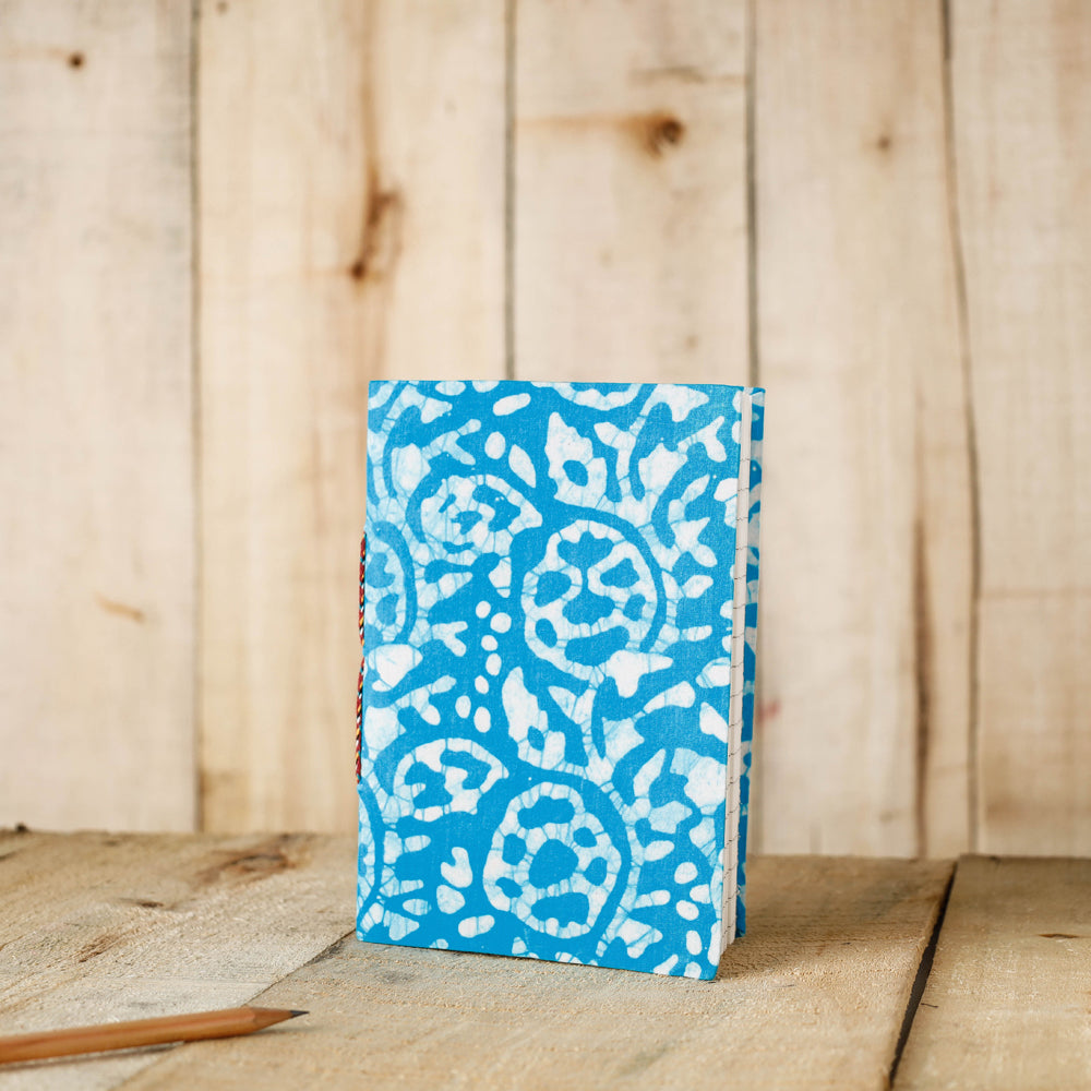 Blue - Batik Fabric Cover Handmade Paper Notebook (7 x 5 in)