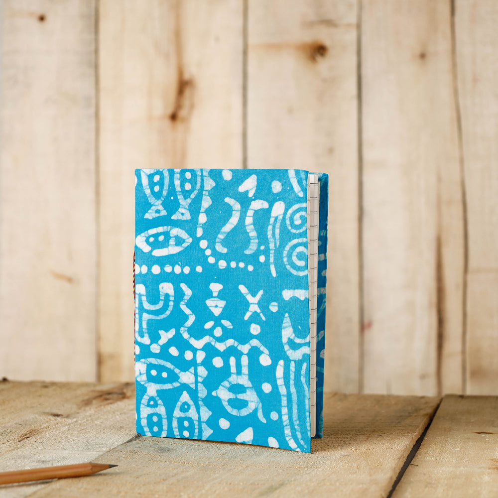 Blue - Batik Fabric Cover Handmade Paper Notebook (7 x 5 in)
