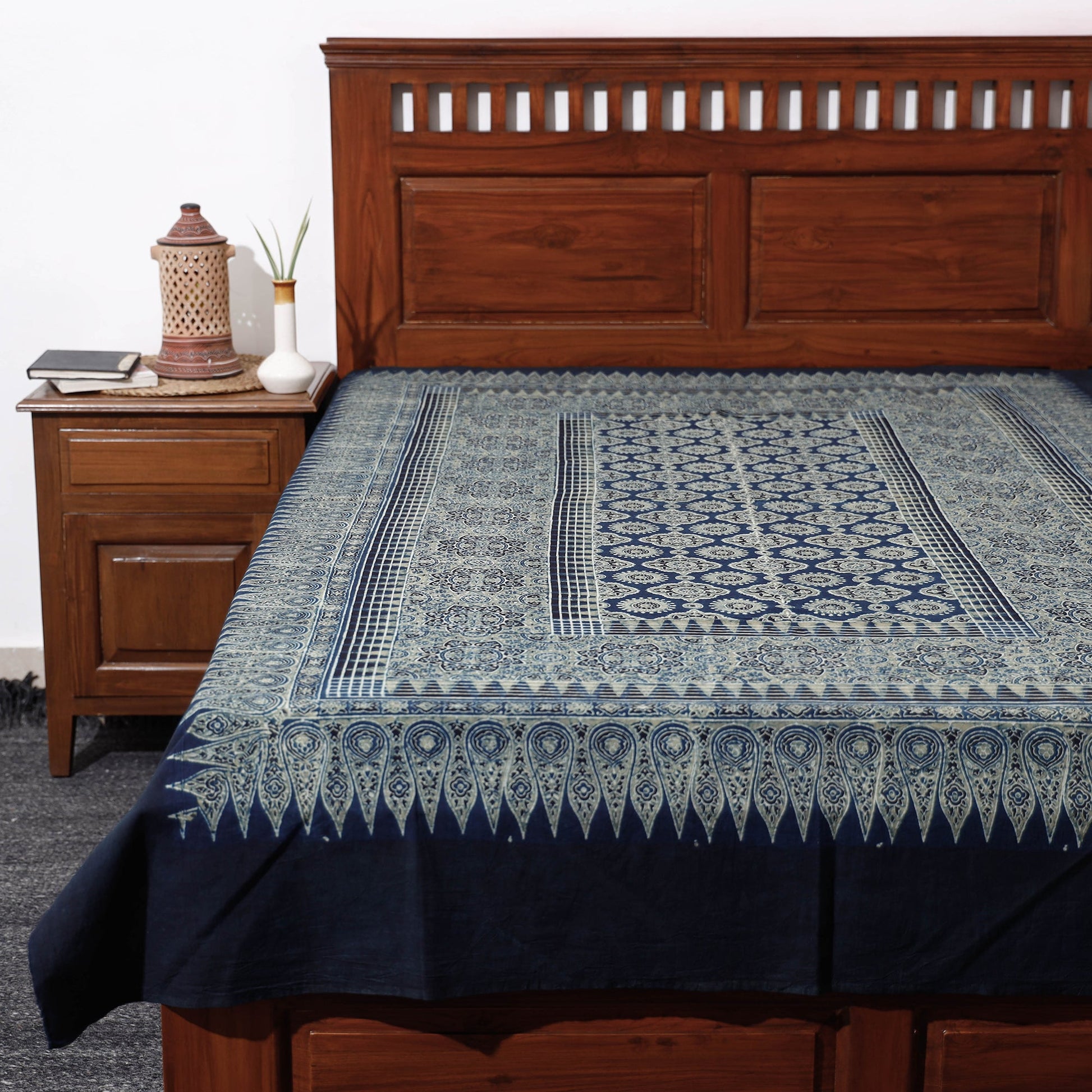 Blue - Ajrakh Block Printed Cotton Single Bed Cover (90 x 60 in)