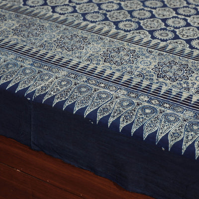 Blue - Ajrakh Block Printed Cotton Single Bed Cover (90 x 60 in)