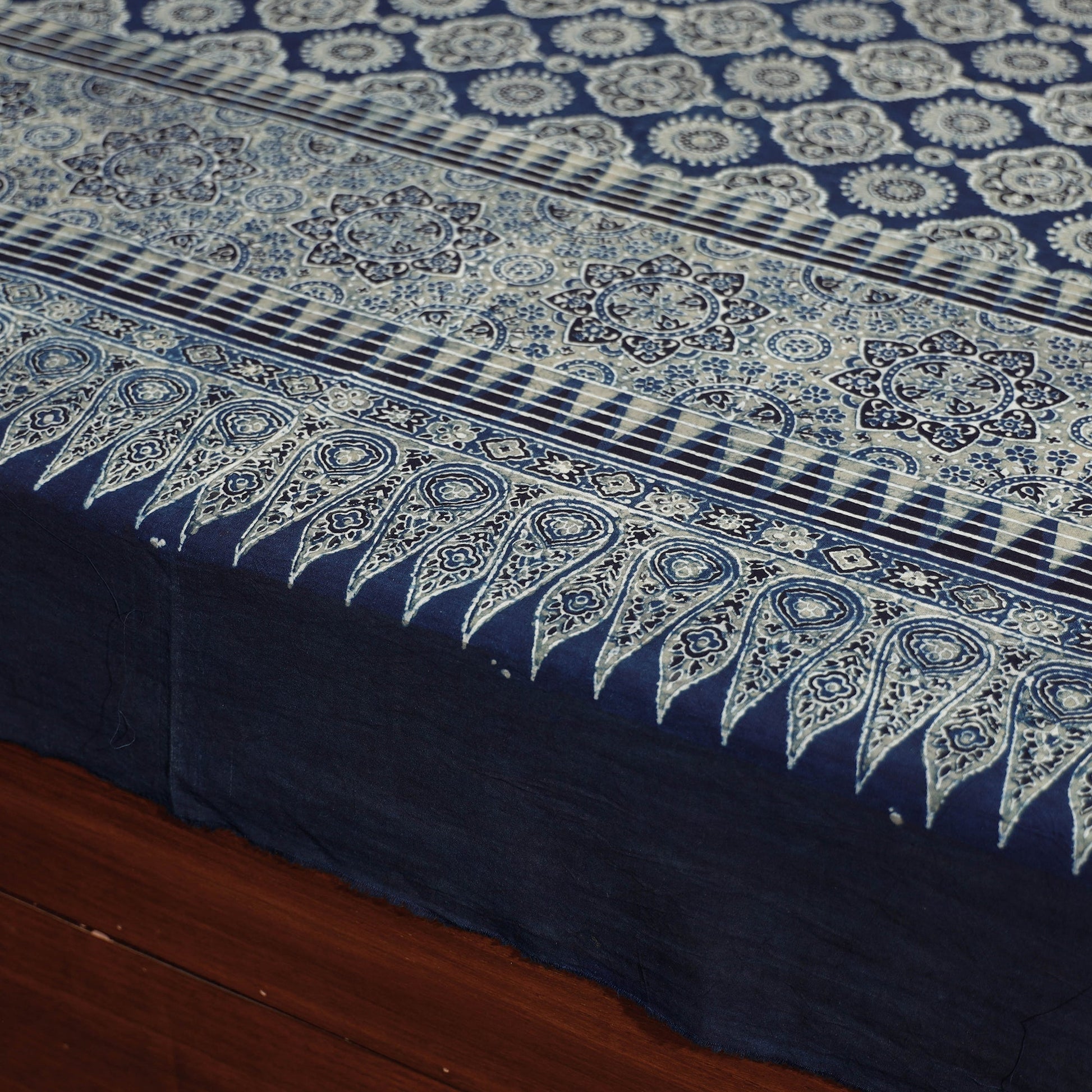 Blue - Ajrakh Block Printed Cotton Single Bed Cover (90 x 60 in)