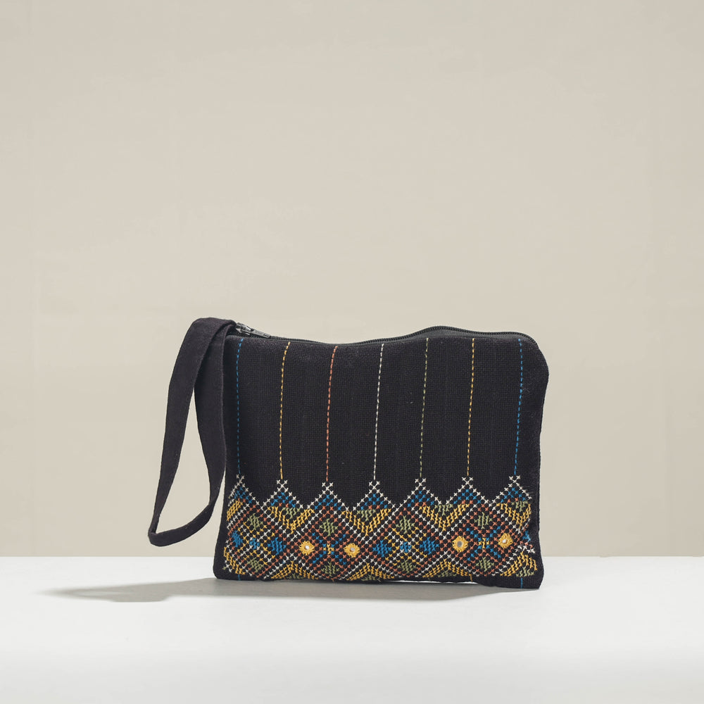 Black - Kala Raksha Jat Hand Embroidered Cotton Coin Pouch
