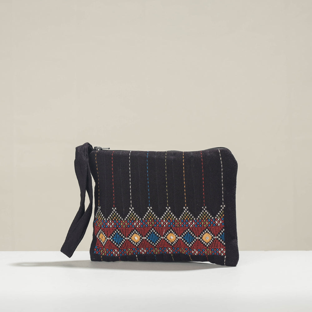 Black - Kala Raksha Jat Hand Embroidered Cotton Coin Pouch