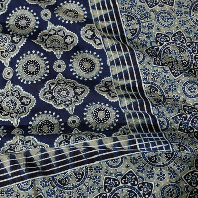 Blue - Ajrakh Block Printed Cotton Single Bed Cover (90 x 60 in)