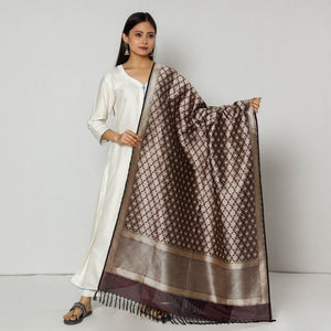 Brown - Banarasi Silk Handwoven Zari Buti Dupatta with Tassels