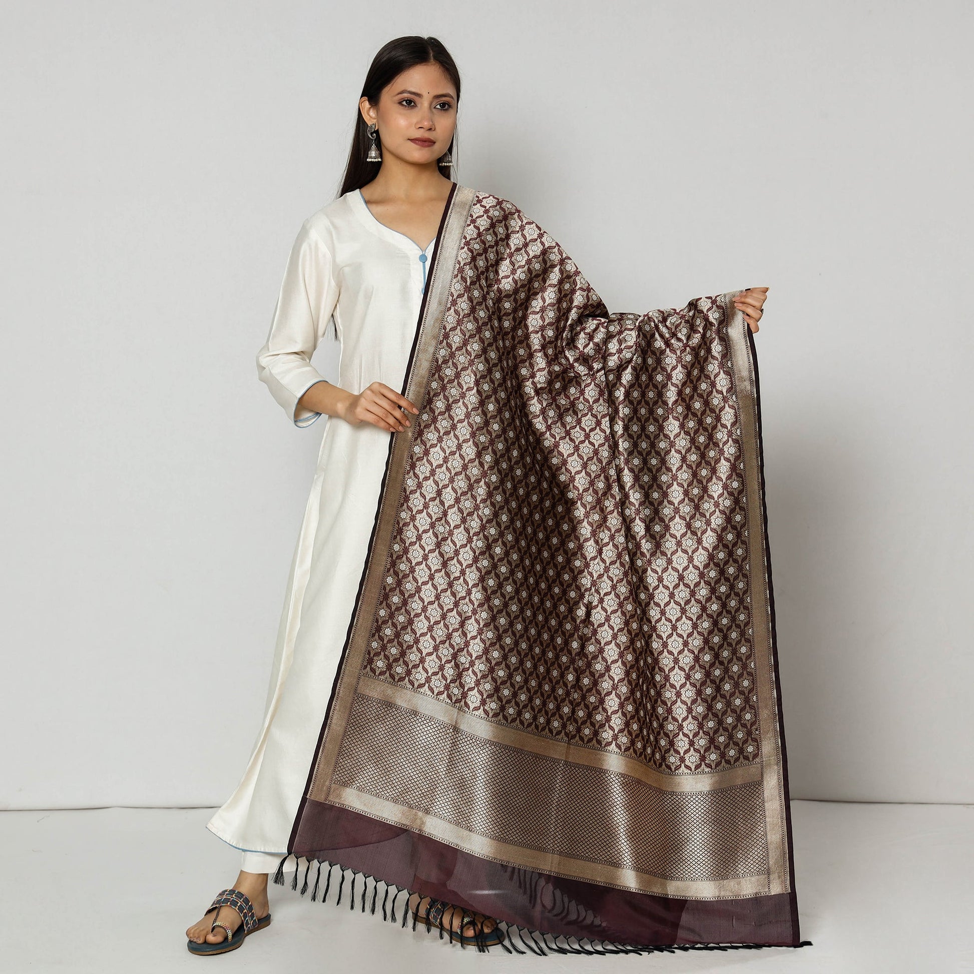 Brown - Banarasi Silk Handwoven Zari Buti Dupatta with Tassels