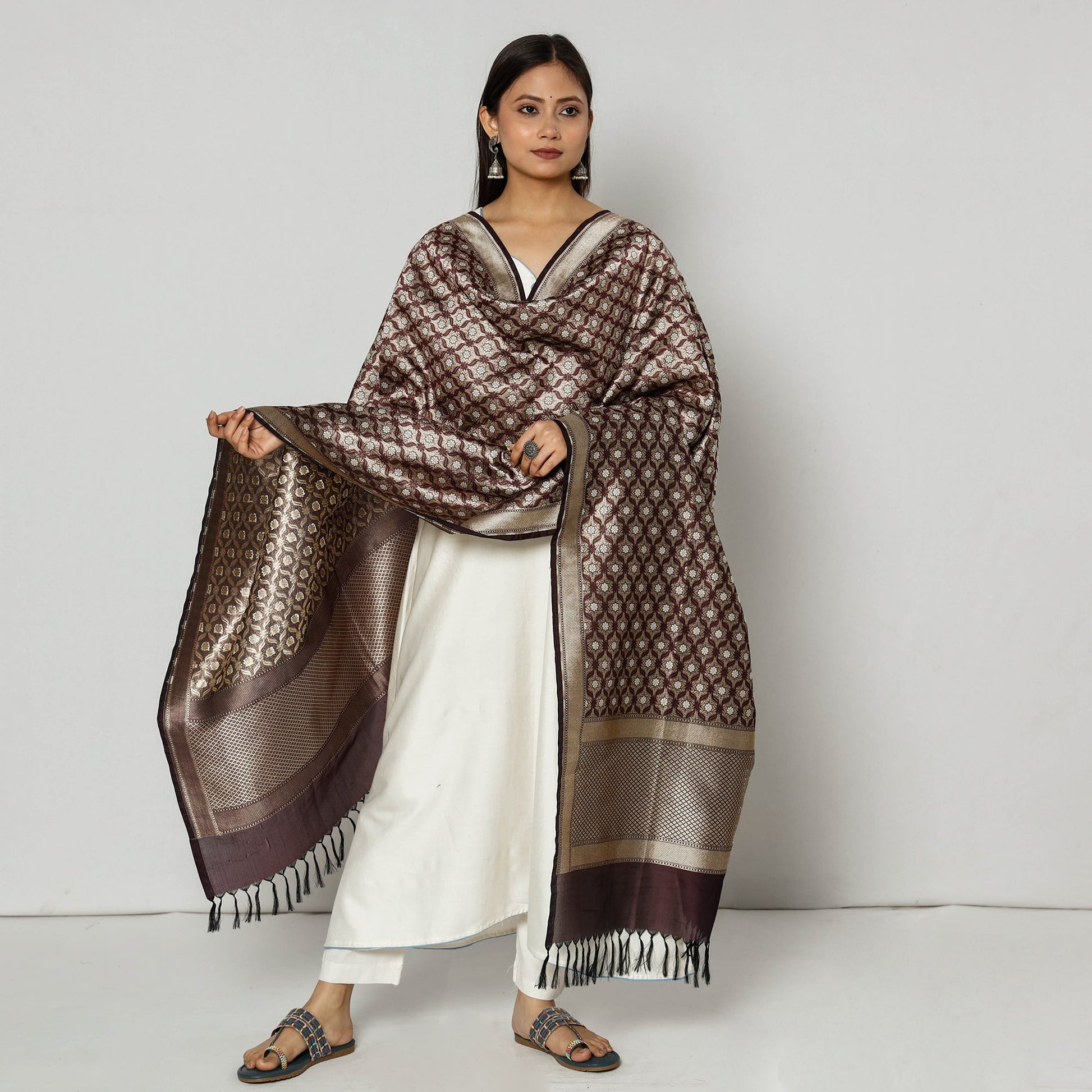Brown - Banarasi Silk Handwoven Zari Buti Dupatta with Tassels