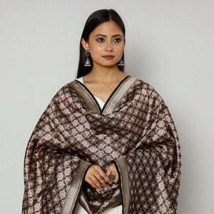 Brown - Banarasi Silk Handwoven Zari Buti Dupatta with Tassels