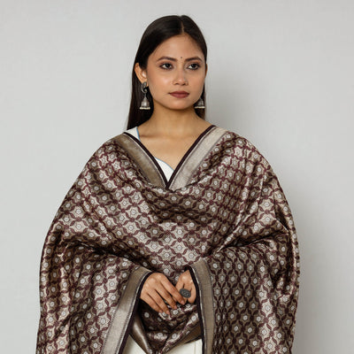 Brown - Banarasi Silk Handwoven Zari Buti Dupatta with Tassels