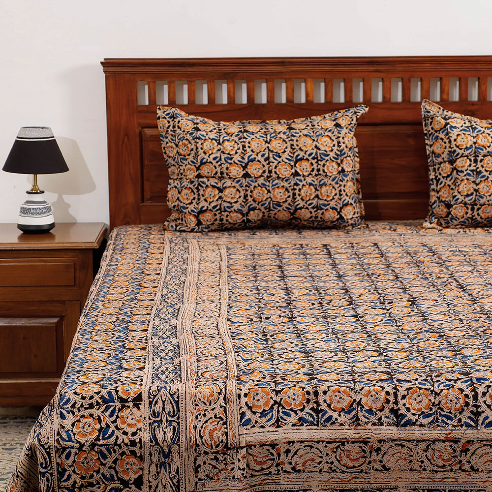 Black - Kalamkari Block Printed Cotton Double Bed Cover with Pillow Covers (108 x 90 in)