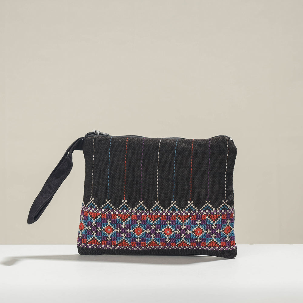 Black - Kala Raksha Jat Hand Embroidered Cotton Coin Pouch