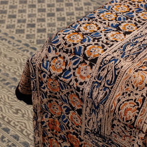 Black - Kalamkari Block Printed Cotton Double Bed Cover with Pillow Covers (108 x 90 in)