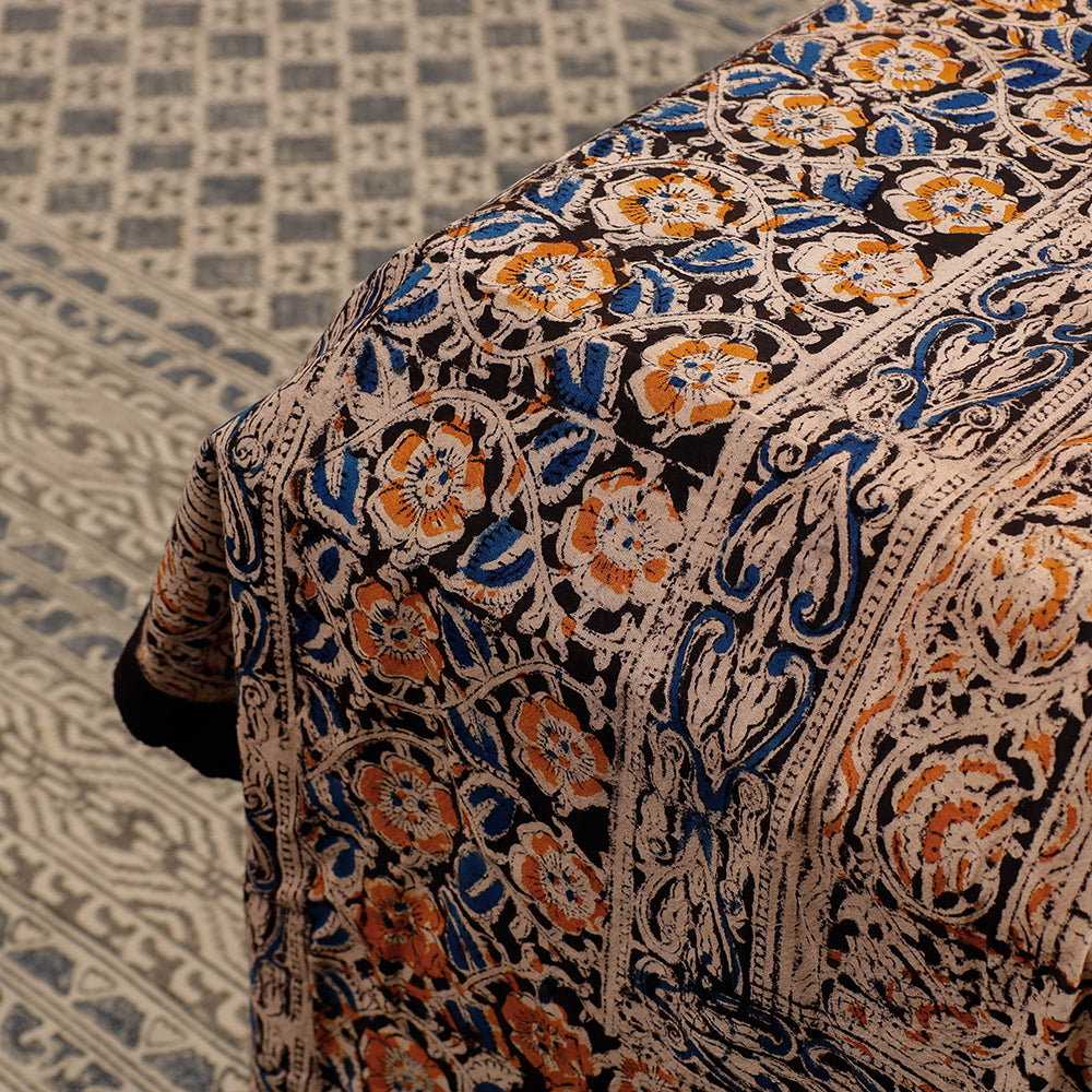 Black - Kalamkari Block Printed Cotton Double Bed Cover with Pillow Covers (108 x 90 in)