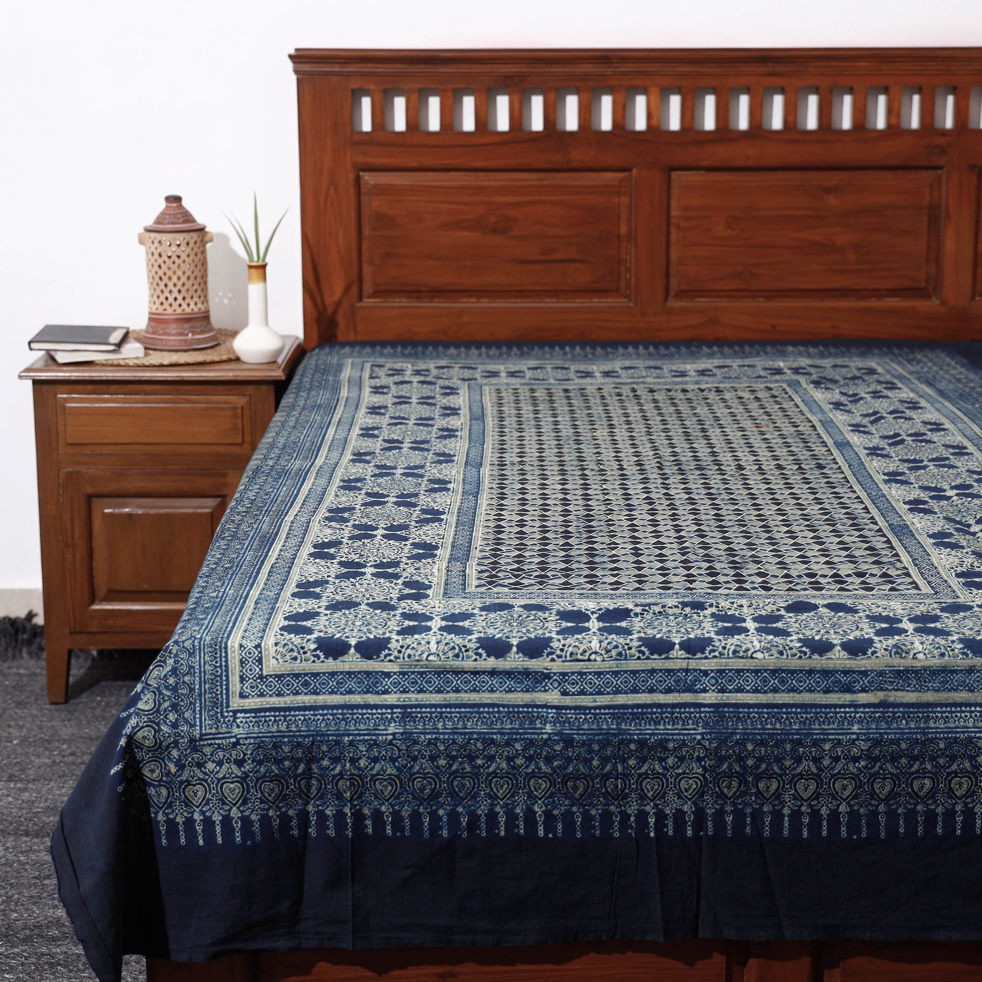 Blue - Ajrakh Block Printed Cotton Single Bed Cover (90 x 60 in)