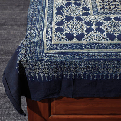 Blue - Ajrakh Block Printed Cotton Single Bed Cover (90 x 60 in)
