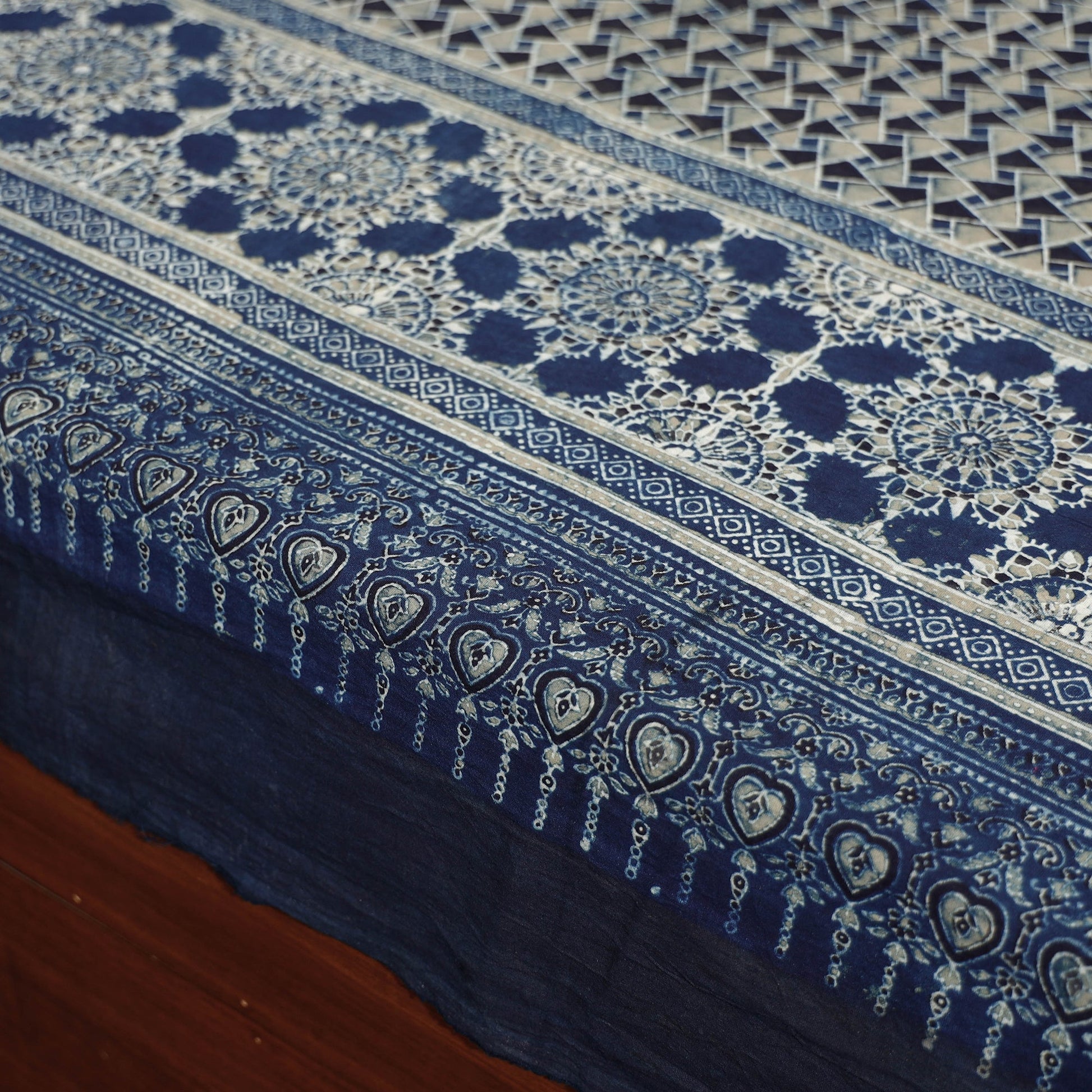 Blue - Ajrakh Block Printed Cotton Single Bed Cover (90 x 60 in)
