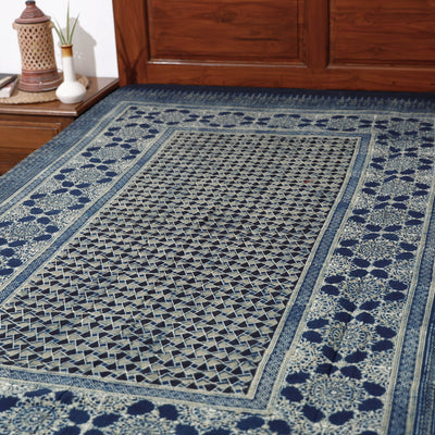 Blue - Ajrakh Block Printed Cotton Single Bed Cover (90 x 60 in)