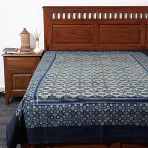 Blue - Ajrakh Block Printed Cotton Single Bed Cover (90 x 60 in)