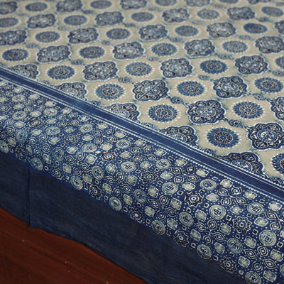 Blue - Ajrakh Block Printed Cotton Single Bed Cover (90 x 60 in)