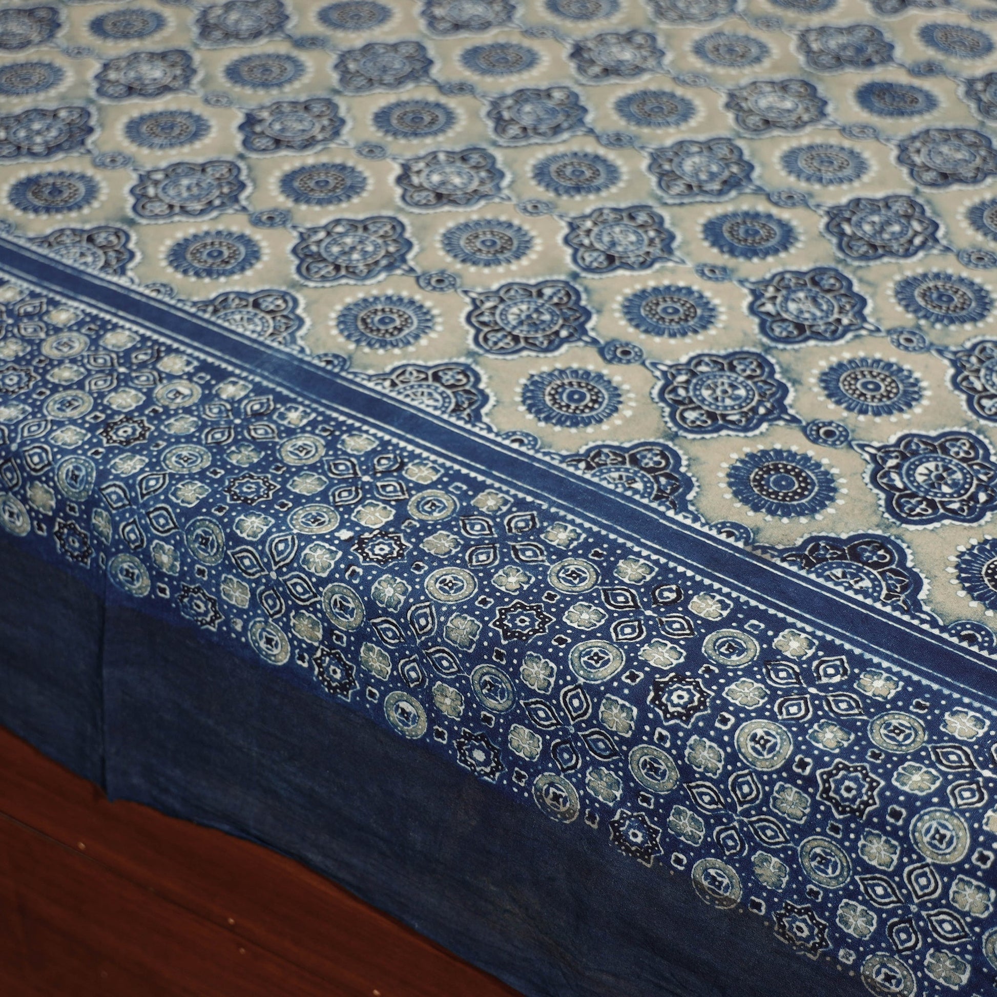 Blue - Ajrakh Block Printed Cotton Single Bed Cover (90 x 60 in)