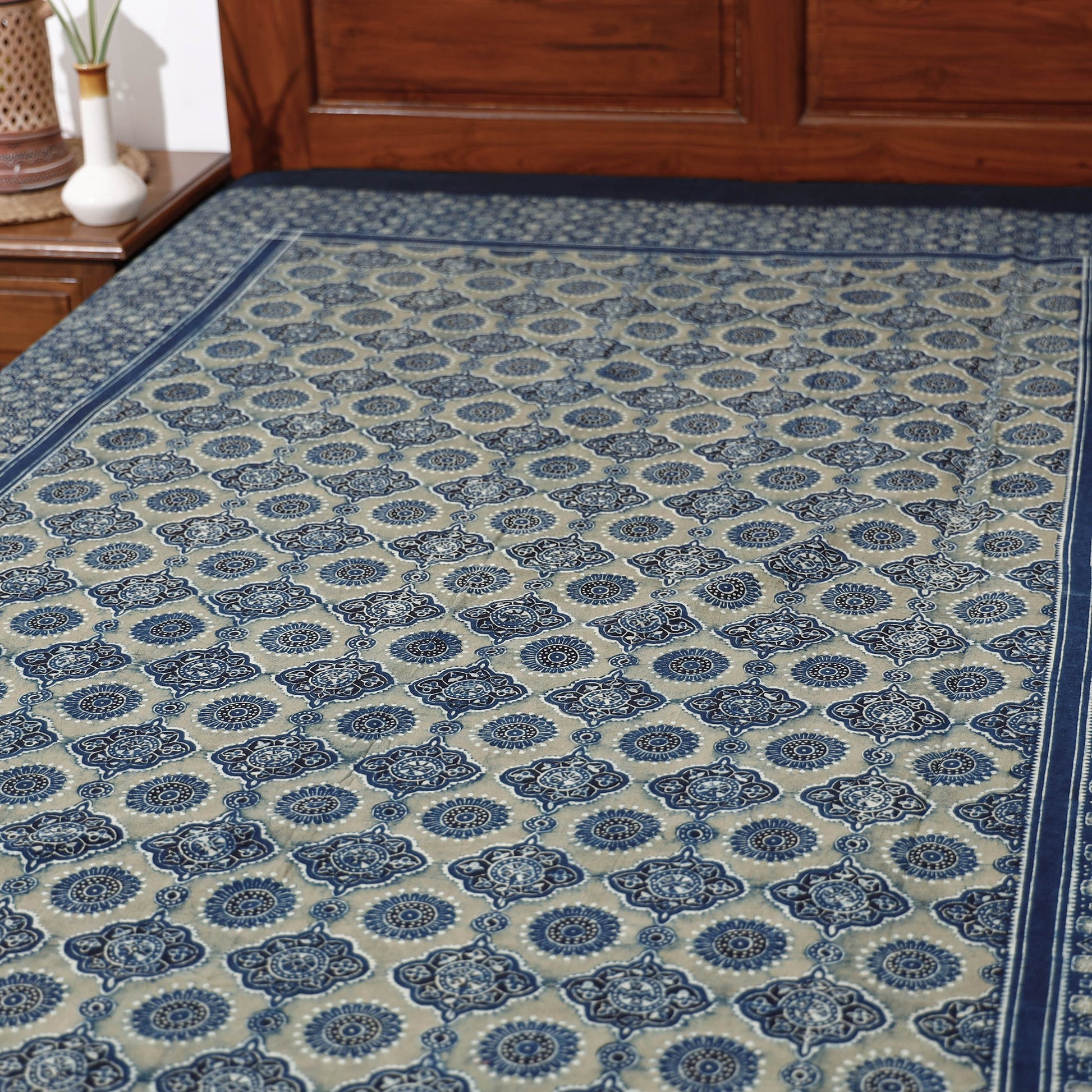 Blue - Ajrakh Block Printed Cotton Single Bed Cover (90 x 60 in)