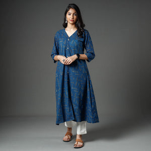 Blue - Akola Block Printed Cotton A-Line Long Kurta