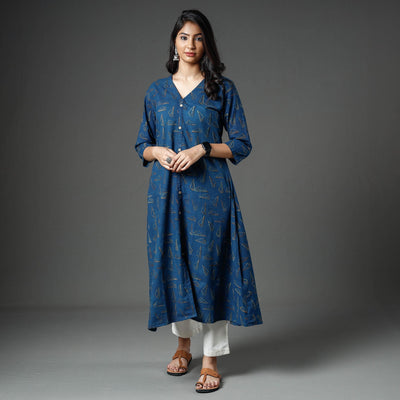 Blue - Akola Block Printed Cotton A-Line Long Kurta
