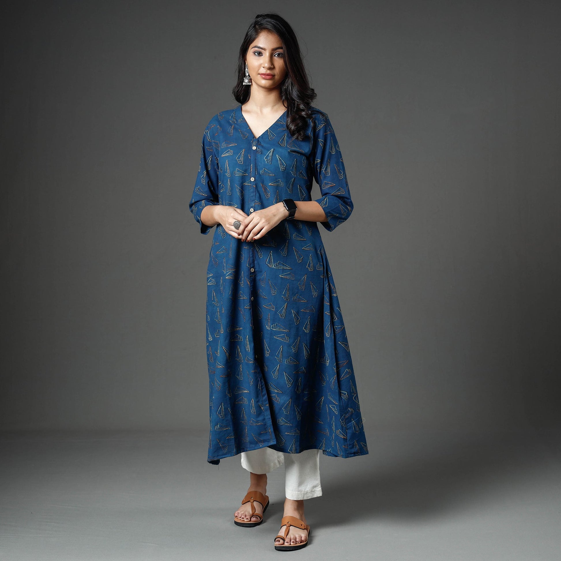 Blue - Akola Block Printed Cotton A-Line Long Kurta