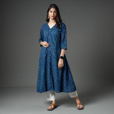 Blue - Akola Block Printed Cotton A-Line Long Kurta