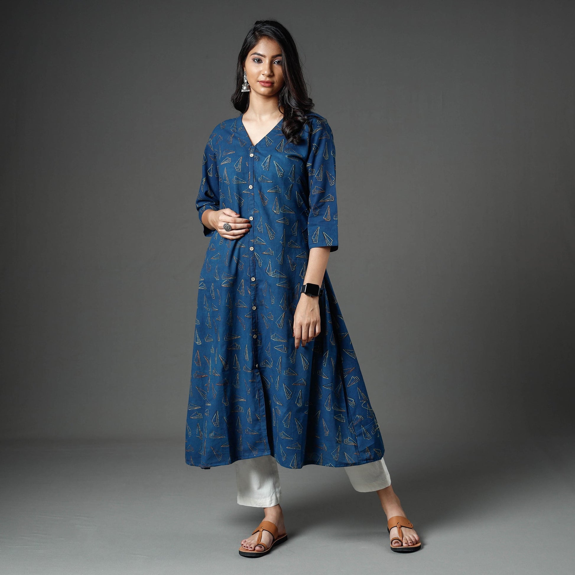 Blue - Akola Block Printed Cotton A-Line Long Kurta