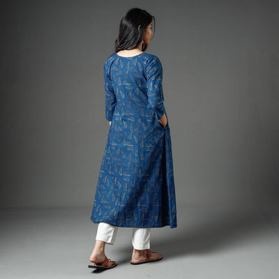Blue - Akola Block Printed Cotton A-Line Long Kurta