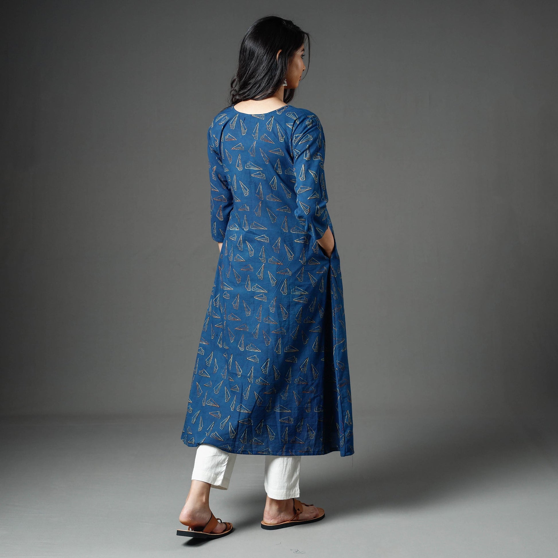 Blue - Akola Block Printed Cotton A-Line Long Kurta