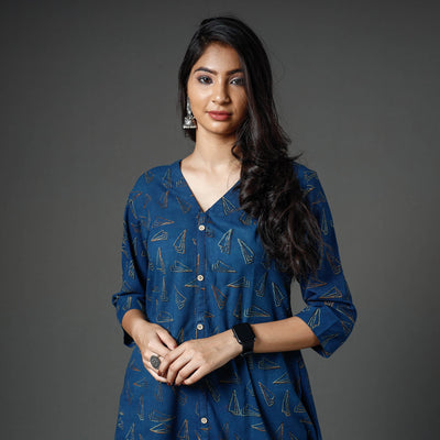 Blue - Akola Block Printed Cotton A-Line Long Kurta