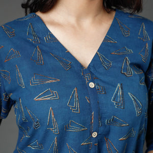 Blue - Akola Block Printed Cotton A-Line Long Kurta
