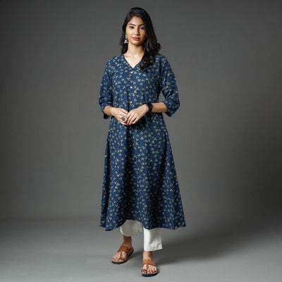 Blue - Akola Block Printed Cotton A-Line Long Kurta