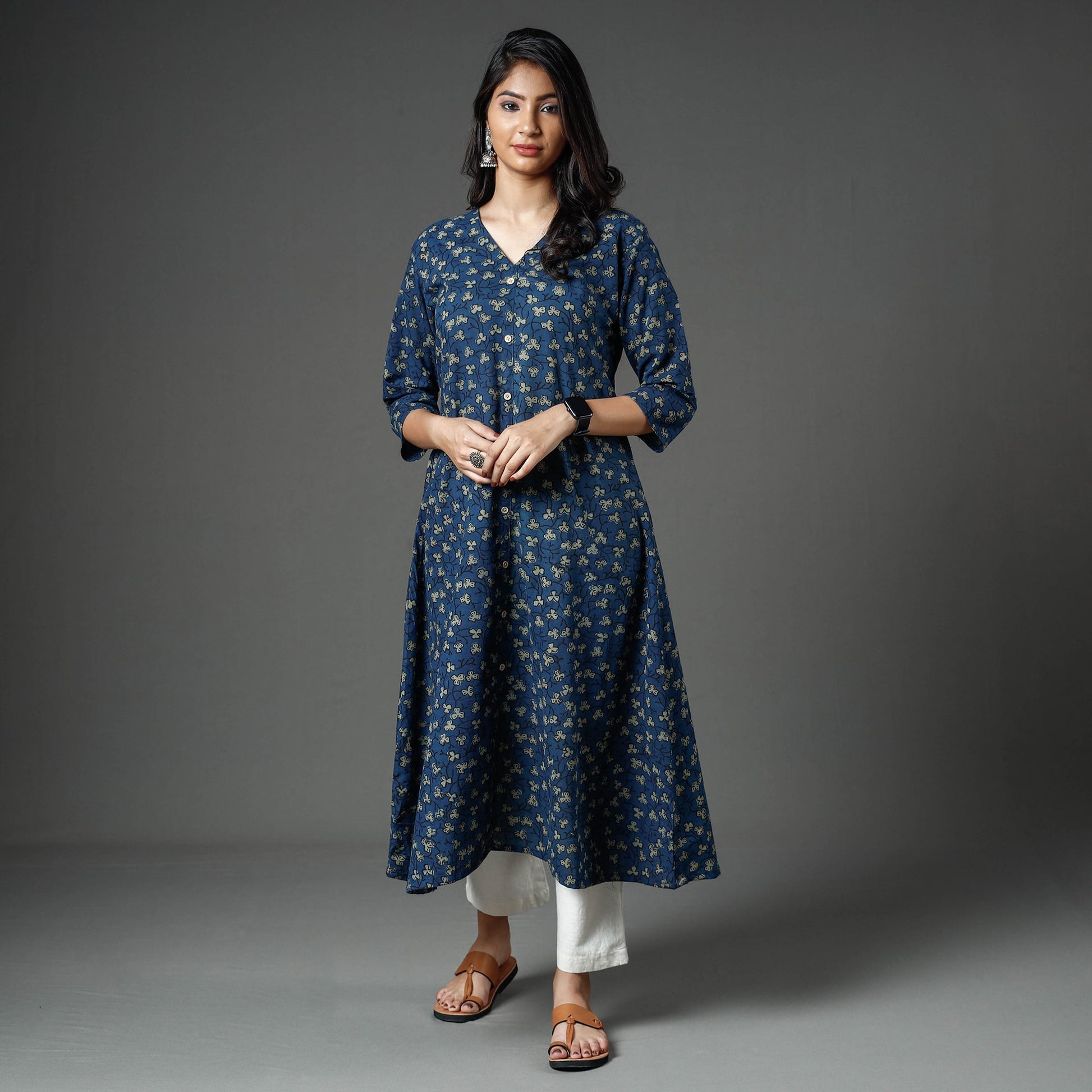 Blue - Akola Block Printed Cotton A-Line Long Kurta