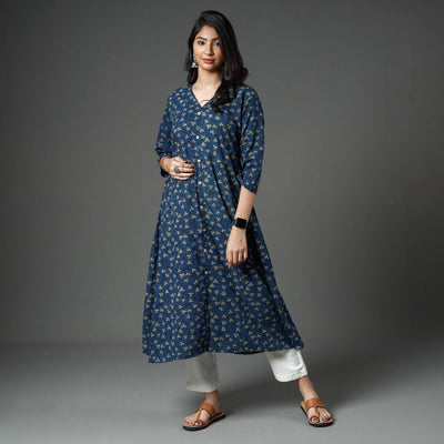Blue - Akola Block Printed Cotton A-Line Long Kurta