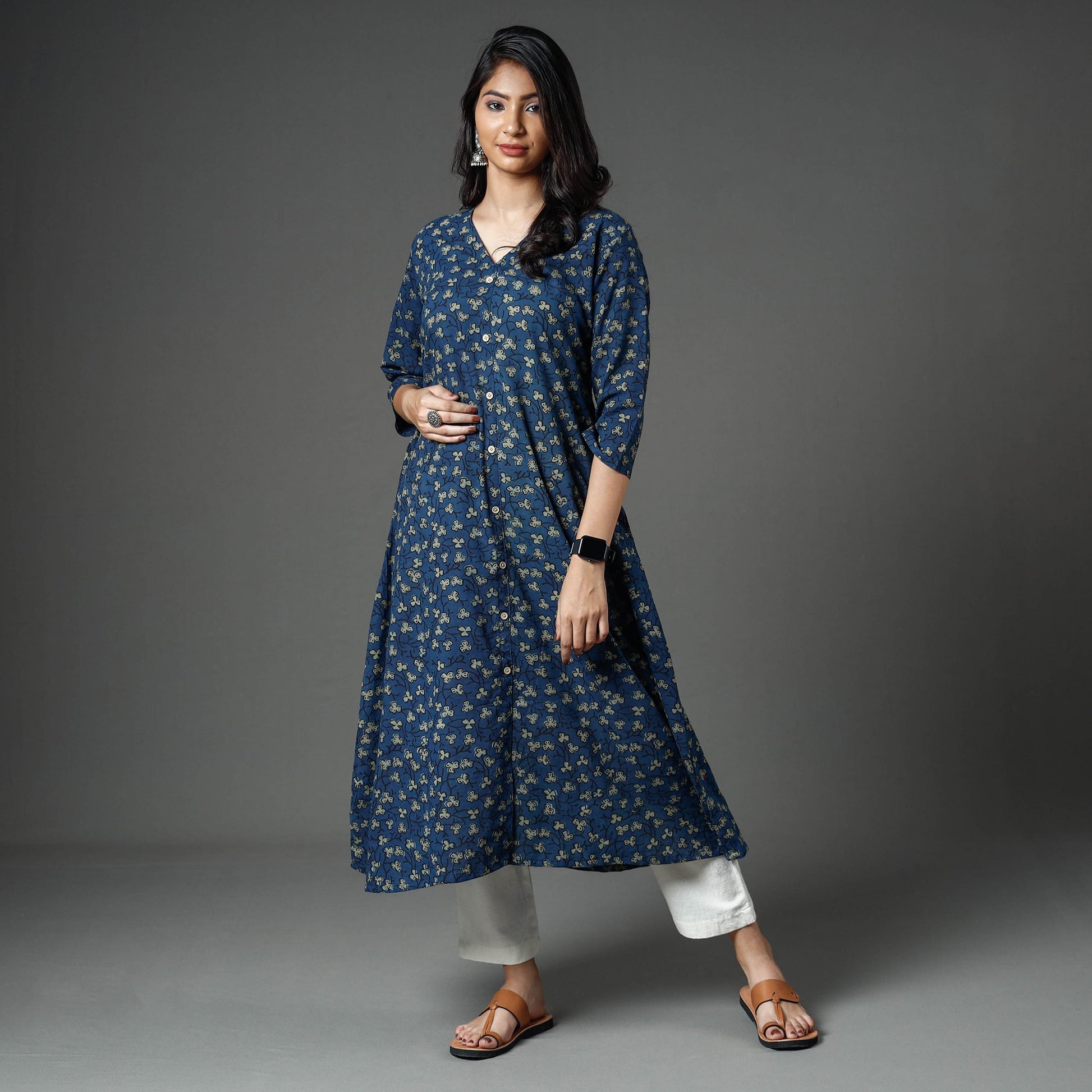 Blue - Akola Block Printed Cotton A-Line Long Kurta