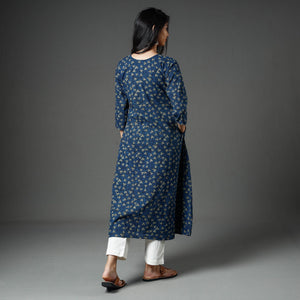 Blue - Akola Block Printed Cotton A-Line Long Kurta