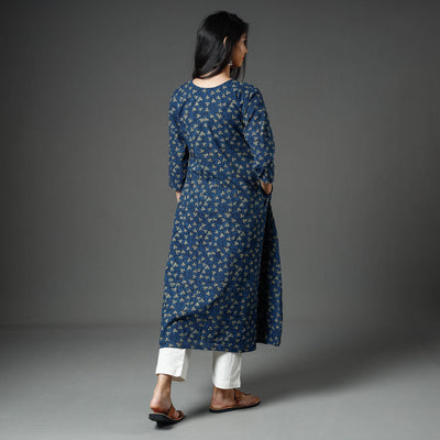 Blue - Akola Block Printed Cotton A-Line Long Kurta