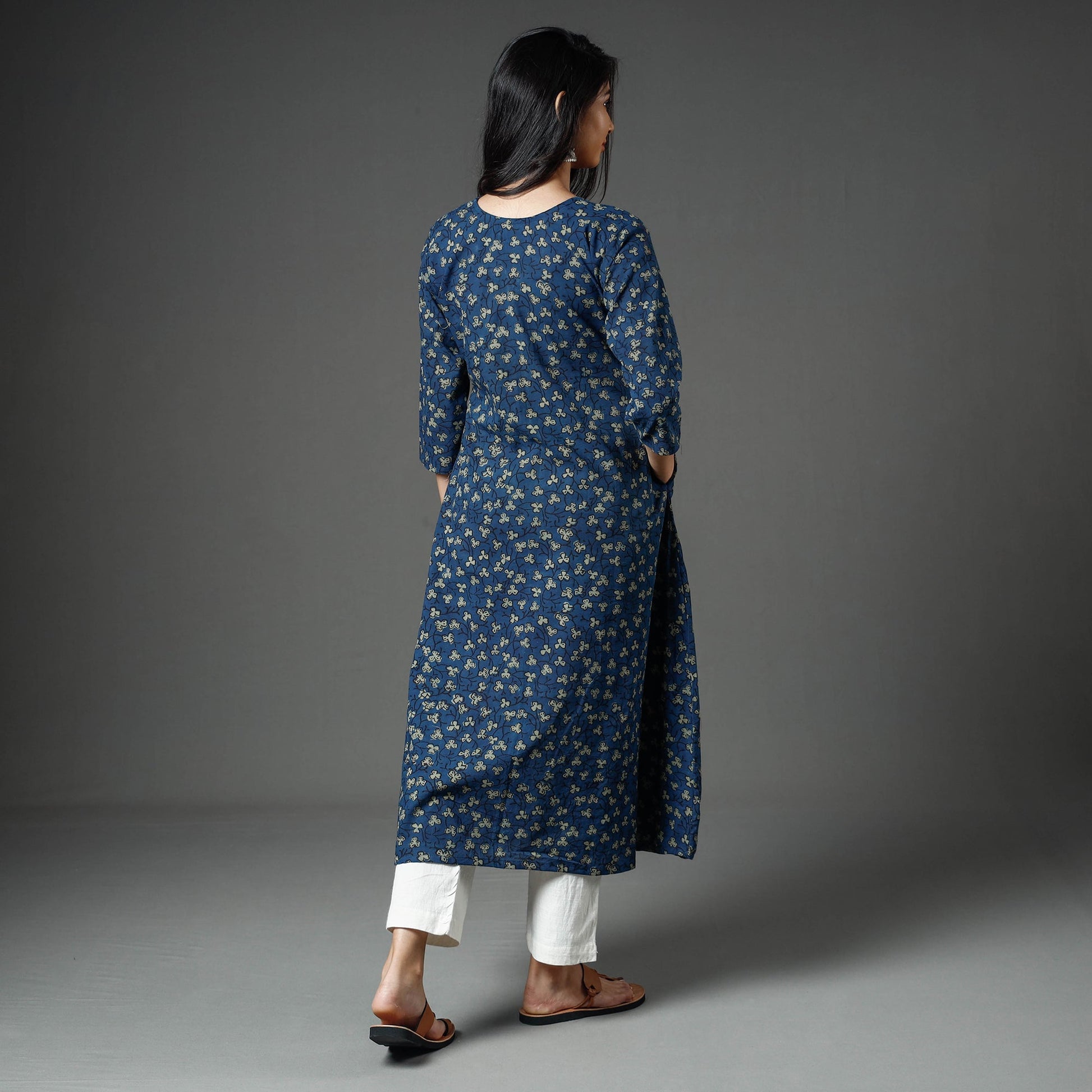 Blue - Akola Block Printed Cotton A-Line Long Kurta