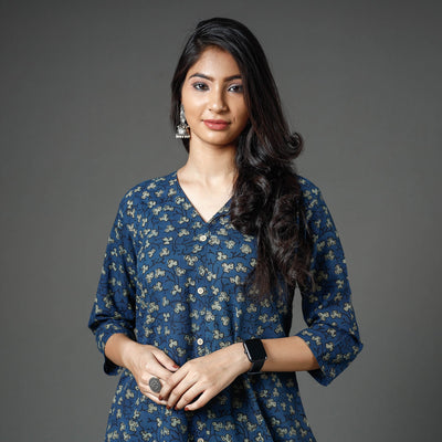 Blue - Akola Block Printed Cotton A-Line Long Kurta
