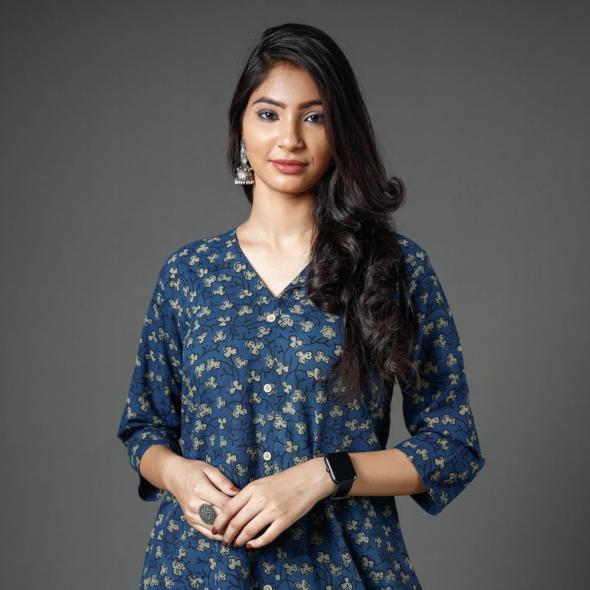 Blue - Akola Block Printed Cotton A-Line Long Kurta