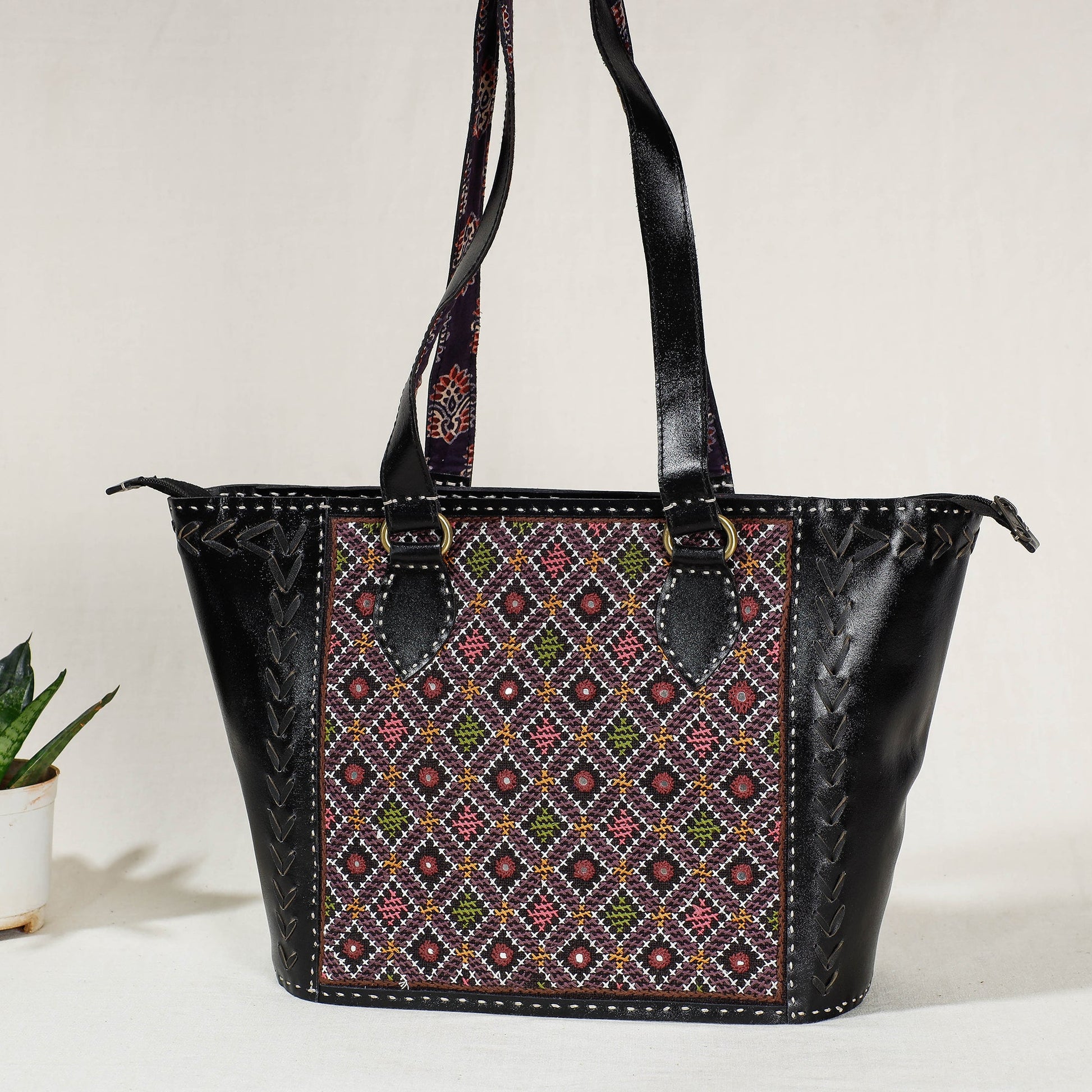 Black - Handcrafted Kutch Jat  Embroidery Leather Shoulder Bag